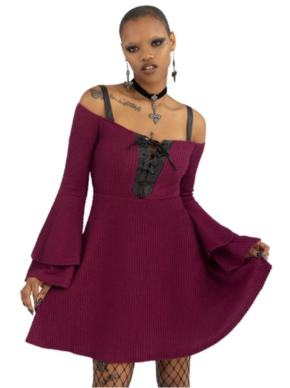 KILLSTAR Dark Myth Textured Ruffle Mini Dress Bell Sleeves Maroon Red  XS, S